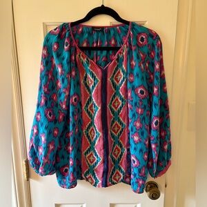 Tolani Ikat turquoise and pink pattern silk blouse S